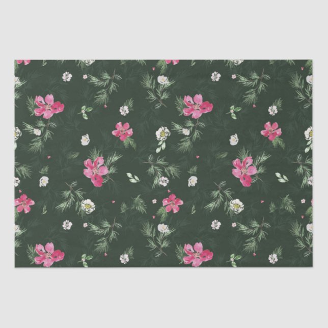Blush and green Christmas Watercolor Flowers  Tissue Paper (Front)