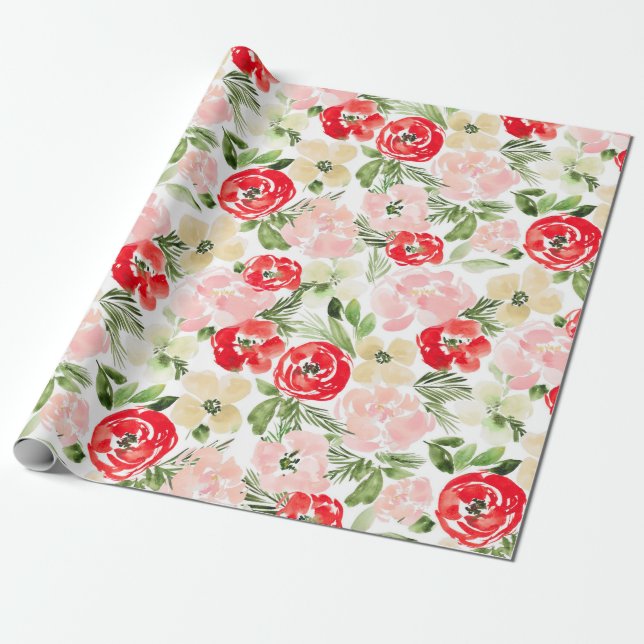 Blush and green Christmas Watercolor Flowers Wrapp Wrapping Paper (Unrolled)