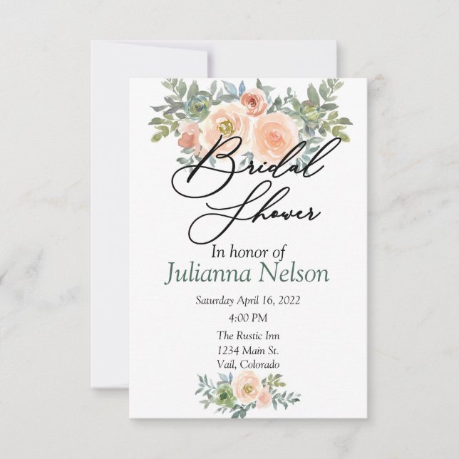 Blush and green watercolor floral  invitation (Front)