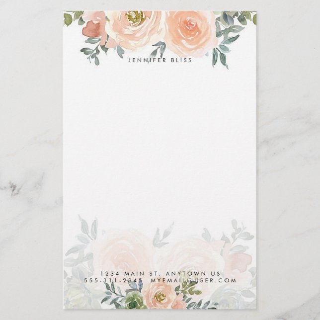 Blush and green watercolor floral personalised  stationery (Front)