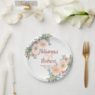 Blush and green watercolor floral wedding paper plate