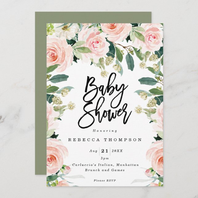 blush and greenery boho modern baby shower invitation (Front/Back)