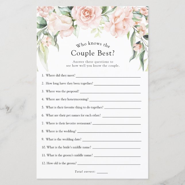 Blush and Greenery Who Knows the Couple Best Game (Front)