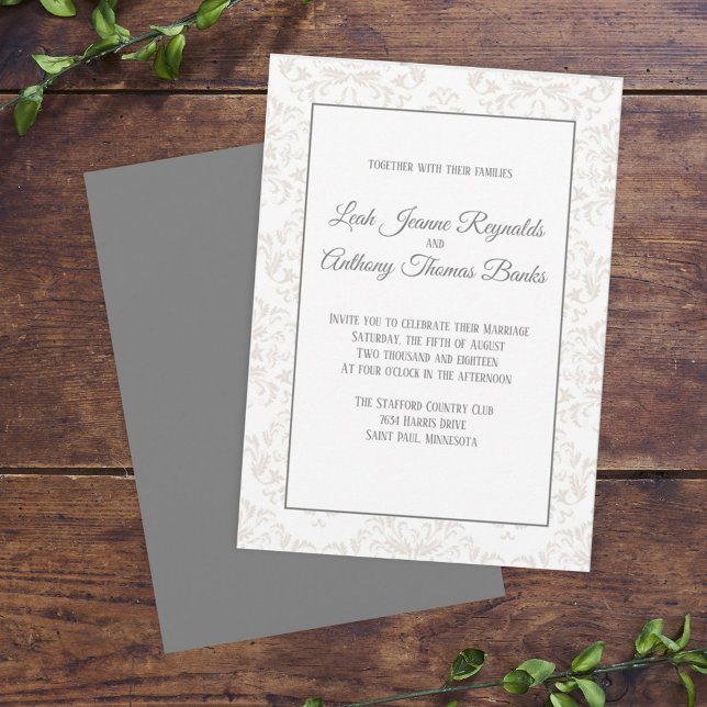 Blush and Grey Damask Elegant Formal Wedding Invitation (Creator Uploaded)