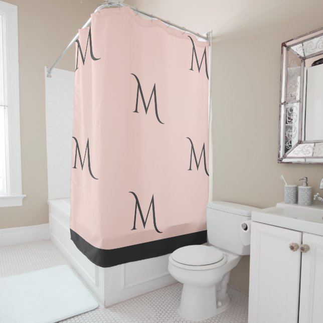 Blush and Grey Monogrammed Shower Curtain (In Situ)