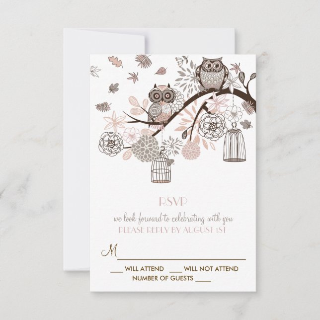 Blush and Grey Owls Winter Wedding RSVP Card (Front)