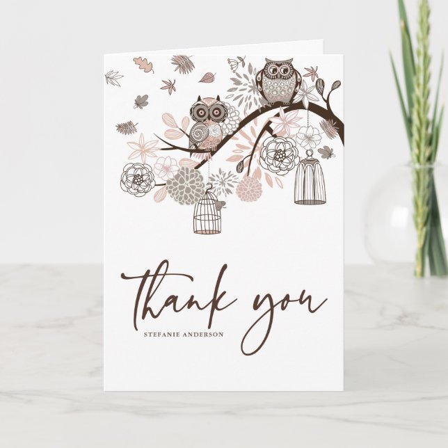 Blush and Grey Owls Winter Wedding Thank You Card (Front)