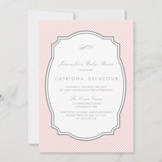 BLUSH AND GREY STRIPED BABY SHOWER INVITATION (Front)