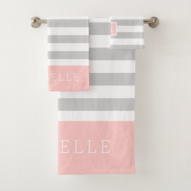 Blush and Grey Stripes Monogram | Editable Colours Bath Towel Set (Insitu)