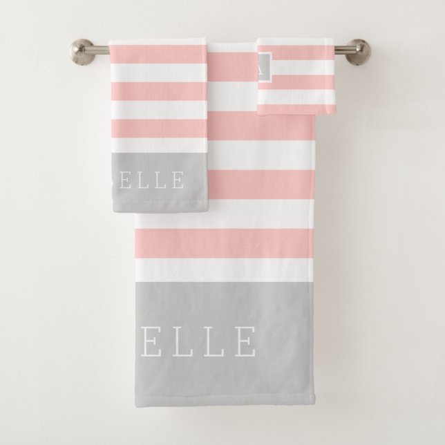 Blush and Grey Stripes Monogram | Editable Colours Bath Towel Set (Insitu)