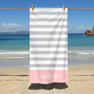 Blush and Grey Stripes Monogram   Editable Colours Beach Towel