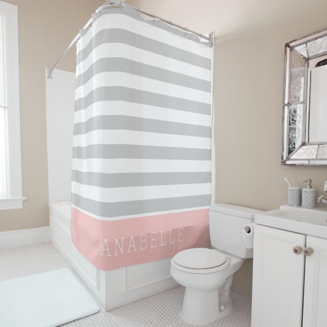 Blush and Grey Stripes Monogram | Editable Colours Shower Curtain (In Situ)