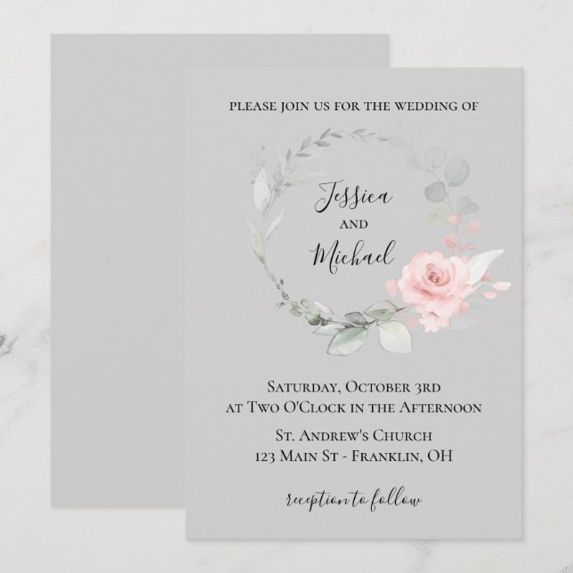 Blush and Grey Wedding Invitation - Rose Wreath (Front/Back)
