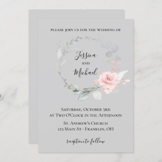 Blush and Grey Wedding Invitation - Rose Wreath