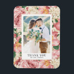 Blush and Ivory Flowers Photo Wedding Thank You Magnet<br><div class="desc">Celebrate your love and show gratitude with our customisable photo wedding thank you magnet! This unique keepsake is perfect for reminding your loved ones of your special day while expressing your heartfelt thanks in a memorable way. It features a vintage floral pattern of blush pink roses and peonies and ivory...</div>