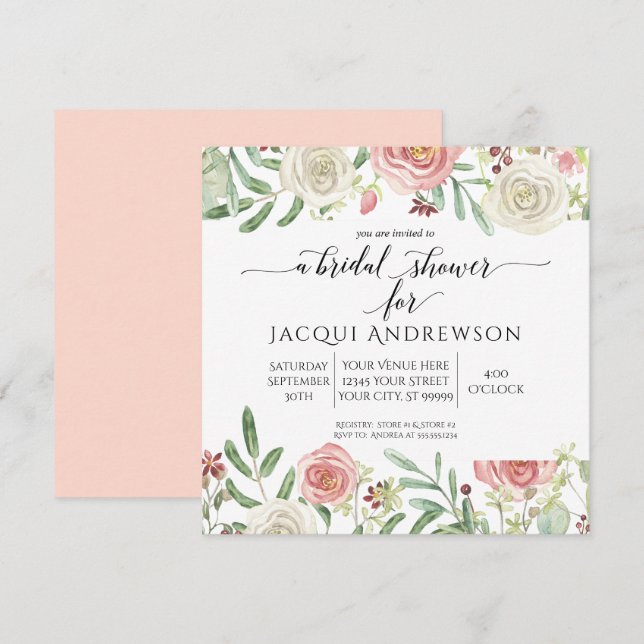 Blush and Ivory Rose Floral Bridal Shower | Square Invitation (Front/Back)