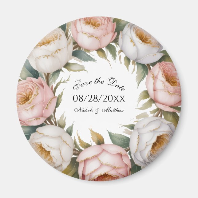 Blush and Ivory Rose Floral Save the Date Magnet (Front)