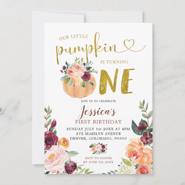Blush and Marsala Pumpkin Floral First Birthday In Invitation (Front)
