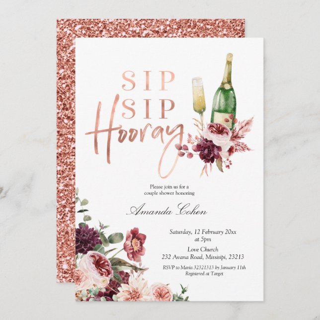 Blush and Marsala Sip Sip Hooray Invitation (Front/Back)