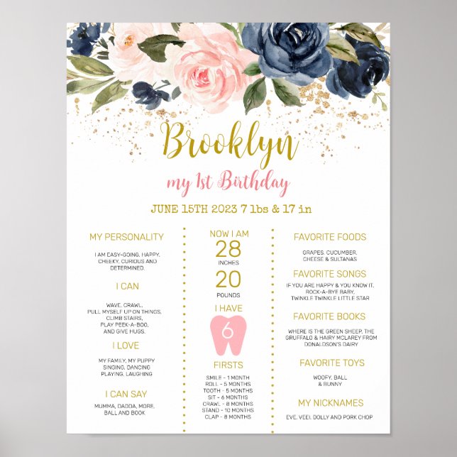 Blush and Navy 1st Birthday Milestone Poster (Front)