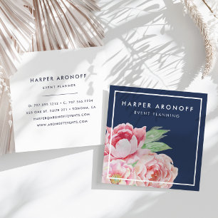 Blush and Navy Antique Peony Square Business Card
