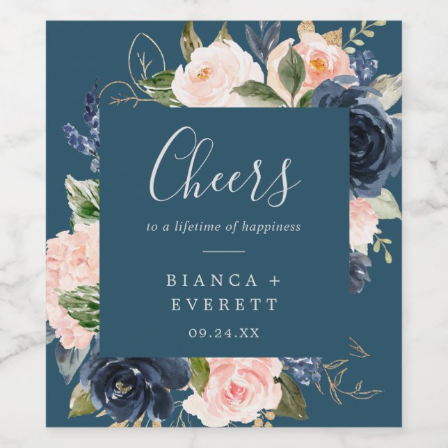 Blush and Navy Blue Cheers Wedding Wine Labels (Single Label)