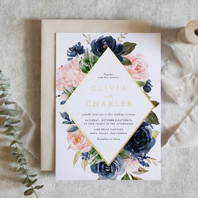 Blush and Navy Blue Floral Frame QR Code Wedding (Watercolor Blush and Navy Blue Floral Frame QR Code Wedding Foil Invitation)