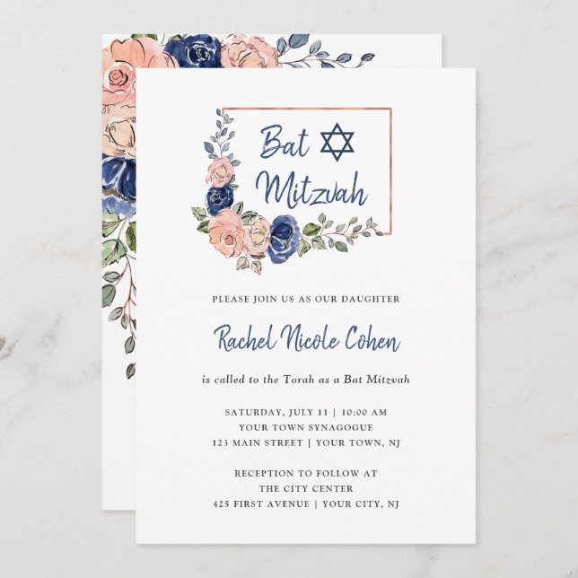 Blush and Navy Blue Floral Geometric | Bat Mitzvah Invitation (Front/Back)
