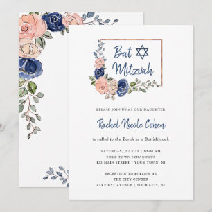 Blush and Navy Blue Floral Geometric   Bat Mitzvah Invitation