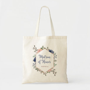 Blush and Navy Blue Floral   Matron of Honour Tote Bag