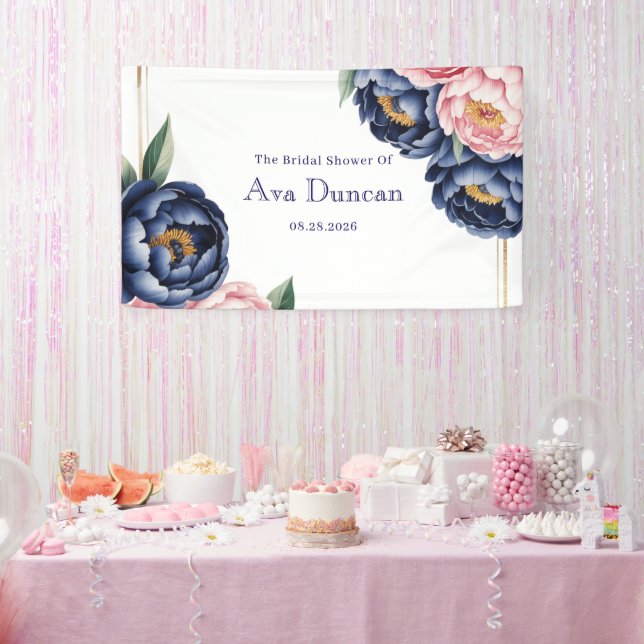 Blush and Navy Blue Peony Bridal Shower Banner (Party)