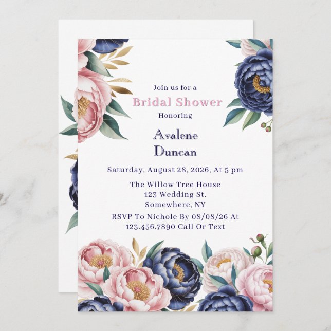 Blush and Navy Blue Peony Brunch and Bubbly Invitation (Front/Back)