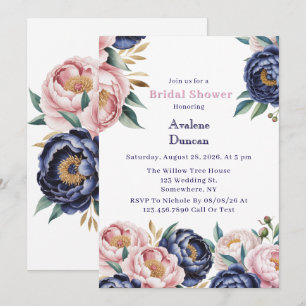 Blush and Navy Blue Peony Brunch and Bubbly Invitation