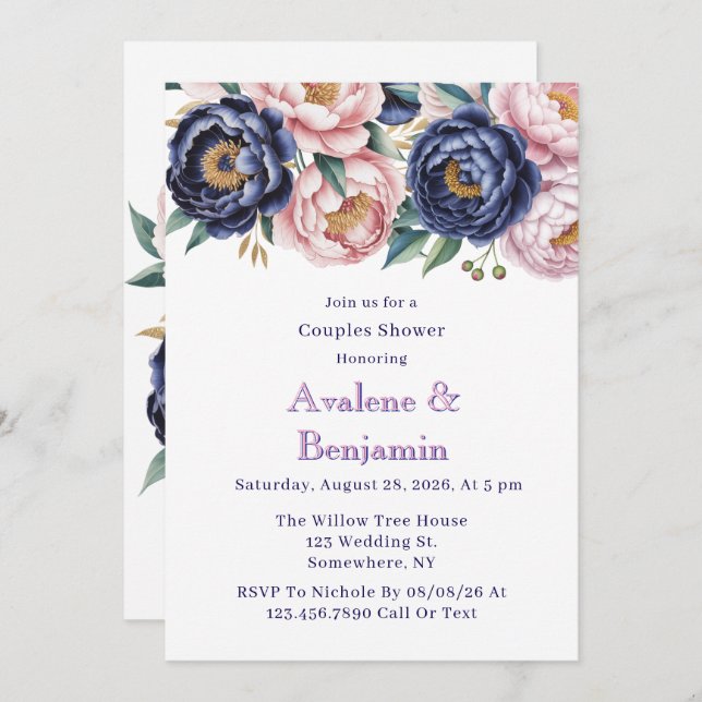Blush and Navy Blue Peony Couples Shower Invitation (Front/Back)