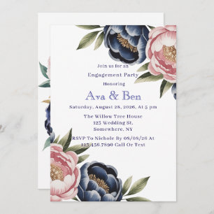 Blush and Navy Blue Peony Engagement Party Invitation