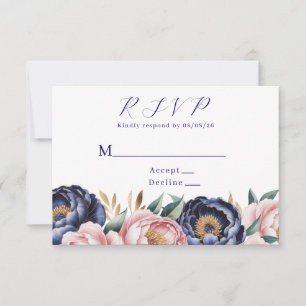 Blush and Navy Blue Peony Wedding RSVP Card