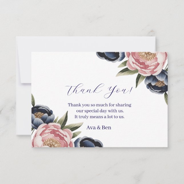 Blush and Navy Blue Peony Wedding Thank You Card (Front)