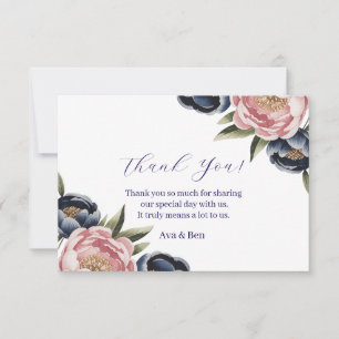 Blush and Navy Blue Peony Wedding Thank You Card