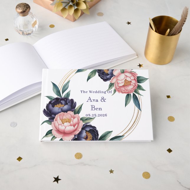 Blush and Navy Blue Wedding Guest Book (Front Open)