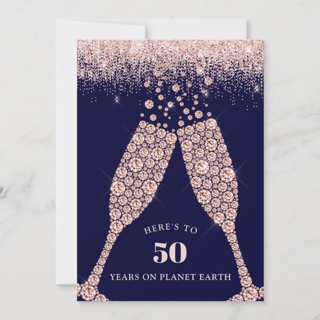 Blush and Navy Champagne Toast 50th Birthday Party Invitation (Front)
