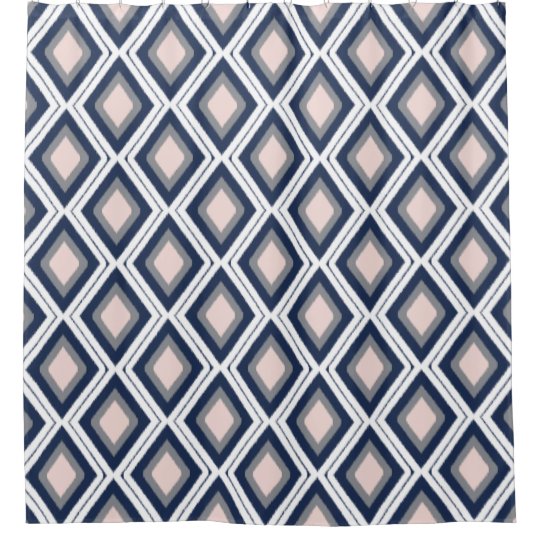 Blush And Navy Diamond Ikat Pattern, Navy Ikat Shower Curtain