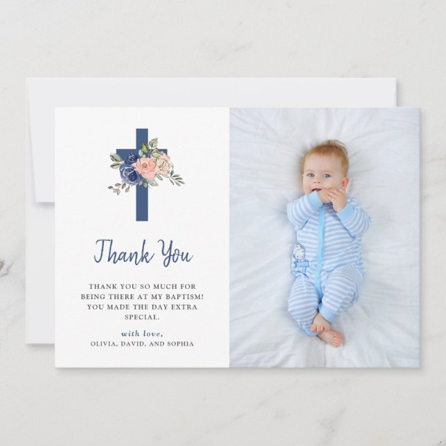 Blush and Navy Floral and Cross | Photo Baptism Thank You Card (Front)