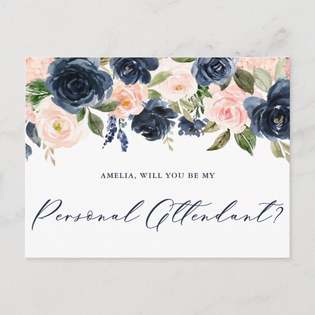 Blush and Navy Floral Be My Personal Attendant Postcard (Front)