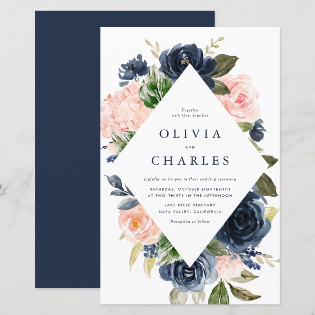 Blush and Navy Floral Frame Wedding Invitation (Front/Back)