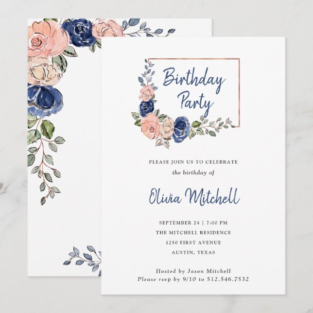 Blush and Navy Floral Geometric | Birthday Party Invitation (Front/Back)