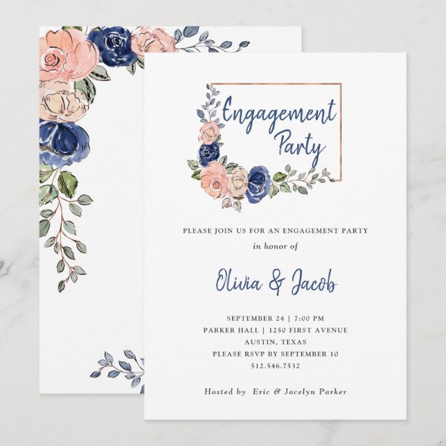 Blush and Navy Floral Geometric | Engagement Party Invitation (Front/Back)