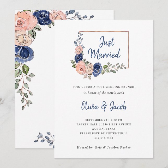 Blush and Navy Floral Geometric | Just Married Invitation (Front/Back)