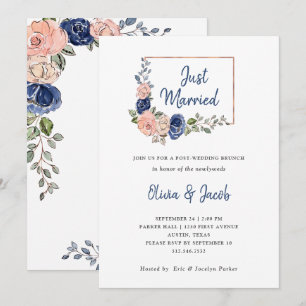 Blush and Navy Floral Geometric Just Married Invitation