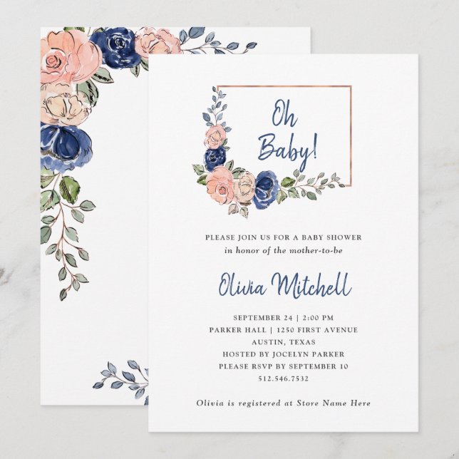 Blush and Navy Floral Geometric | Oh Baby Shower Invitation (Front/Back)
