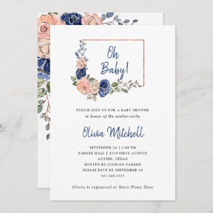 Blush and Navy Floral Geometric   Oh Baby Shower Invitation